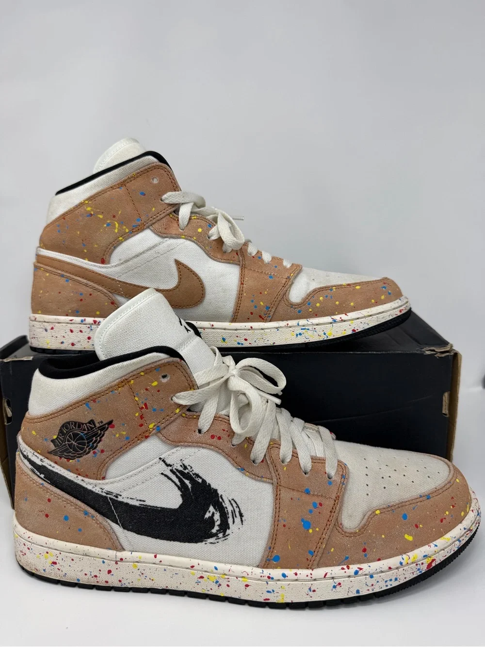 Air Jordan 1 Mid Canvas Paint-Splatter Sneakers - Beige & White